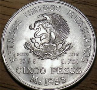 1953 Mexico Silver 5 Pesos Very Large High Quality Coin Very Nice Look