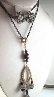 Clear Rhinestone Black Glass Necklace Earrings Married Set