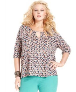 Lucky Brand Jeans Plus Size Top, Three Quarter Sleeve Printed Sheer