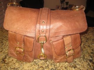 Lush x Large Heavy Front Flap Brown Leather Satchel Hobo Handbag Purse