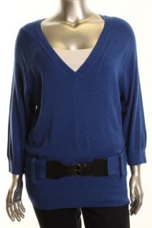 Michael Kors NEW Blue Belted V Neck 3/4 Sleeve Pullover Sweater Top M