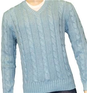 Lauren Mens $145 V Neck Stanton Cable Jumper Sweater Blue M