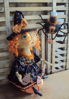 Halloween Primitive Folk Art Doll Spider Pumpkin Pfatt