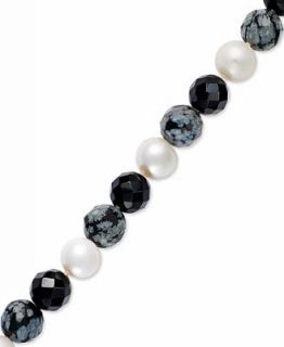 Sterling Silver Bracelet, Cultured Freshwater Pearl, Onyx (12mm) and