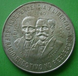 1960 Mexico Silver 10 Pesos Hidalgo Madero Coin