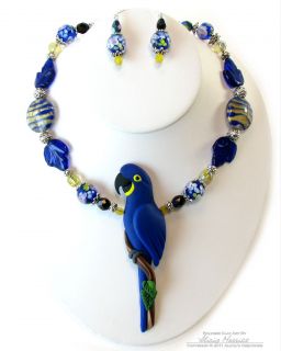 Hyacinth Macaw Blue Parrot Necklace Earring Set by Clay Artist Alicia