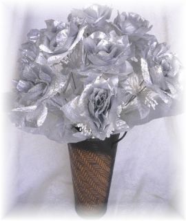 Silver Long Stem Silk Rose Bridal Bouquet Centerpiece Flowers