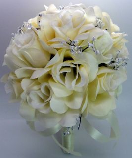 Wedding Bridal Bouquet Cream Ivory Roses Silk Artificial Flowers 21 PC