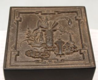 Oriental Black Square Box Containing Red Carved Seal Chop Stamp