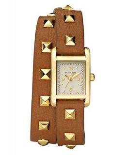 Michael Kors Watch, Womens Brown Studded Leather Wrap Strap 22x20mm