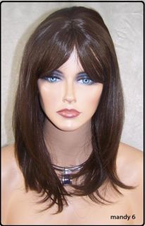 Brown Human Hair Blend Wig Heat OK Iron Safe Skin Top Fringe Bangs