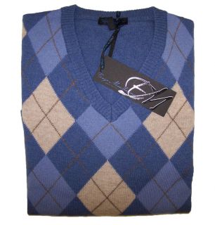 Enzo Mantovani Mens V Neck Argyle Cashmere Sweater Blue