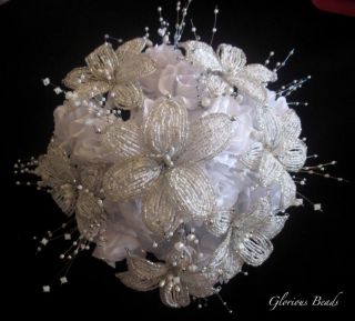 Beaded White Silver Crystal Bridal Bouquet Lily Bride
