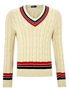 Polo Ralph Lauren V neck cable knitted cricket jumper Cream   