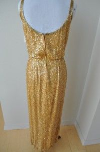  Vintage 60s Gold Metallic Sequin Beaded Dress Gown S