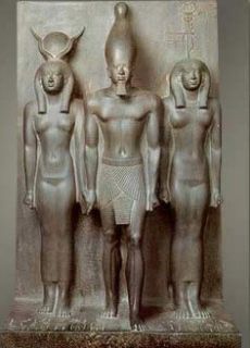 Menkaure with, in both statues, Hathor on his right, and nome figures