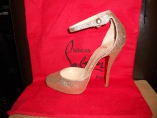 Louboutin VAMPANA 120 Glitter Mary Jane Pumps Shoes Gold 37.5 / 7.5