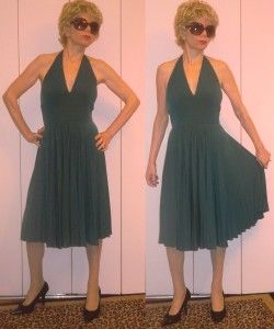 Max and Cleo Marilyn Halter Forest Green Pleated Dress Knee Length M