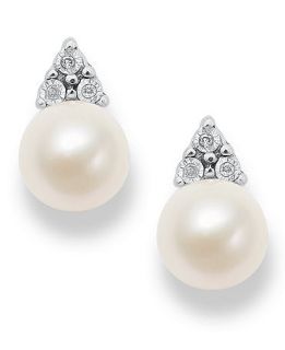 Sterling Silver Earrings, Cultured Freshwater Pearl (7mm) and Diamond