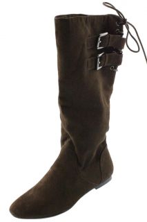 Material Girl New Bonita Brown Faux Suede Buckled Knee High Boots