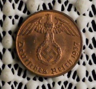 1937A Nazi Germany 1 Reichspfennig Coin AU UNC