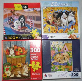 Lot 4 Dogs Cats Jigsaw Puzzles   300 EZ Hold Large Pieces by Great
