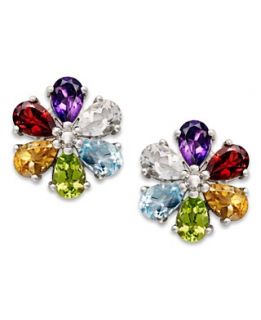 Sterling Silver Earrings, Multistone Flower Stud Earrings