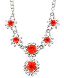 Haskell Necklace, Silver Tone Orange Multi Flower Frontal Necklace