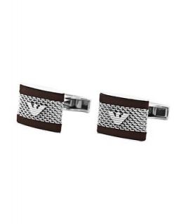 Emporio Armani Cuff Links, Stainless Steel Mesh and Brown Leather