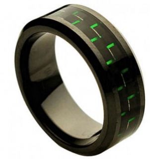 8mm Black Ceramic Ring Men Women Wedding Band w Black & Green Carbon