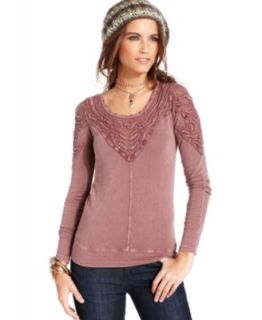 Free People Top, Long Sleeve Scoop Neck Studded Embroidered