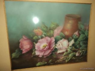 VINTAGE Victorian Style Pastel Painting of PINK & White ROSES Listed J