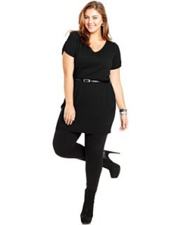 Extra Touch Plus Size Dress, Cap Sleeve Lace Trim Belted Sweater Dress