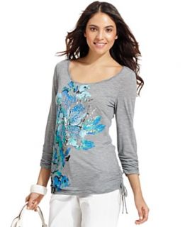 Style&co. Top, Three Quarter Sleeve Ruched Striped Floral Print