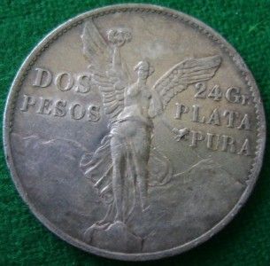 1921 Mexican Silver Coin 2 Pesos Winged Victory Angel de La