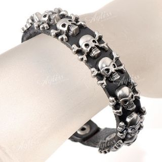 Black Leather Skull Cool Punk Mens Jewelry Bracelet Belt Cuff