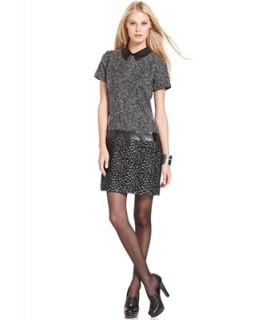 W118 by Walter Baker Dress, Short Sleeve Faux Leather Collar Tweed