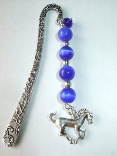 Handmade Blue Glass Beaded Galloping Horse Metal Bookmark New