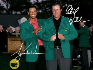 Phil Mickelson and Tiger Woods Signed Mounted Autograph Print Masters