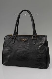 DKNY Black Beekman Lizard Work Shopper Tote Bag Handbag R3210407