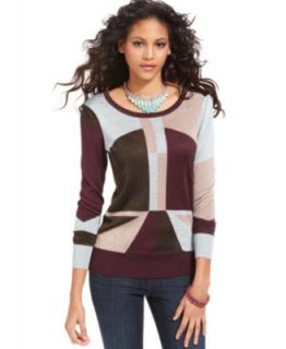 Bar III Sweater, Long Sleeve Scoop Neck Colorblocked   Womens Sweaters
