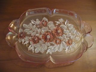 Mikasa Rosella Frosted Pink Flowers 16 Glass Footed Tray Platter