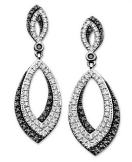 Diamond Earrings, Sterling Silver Black and White Diamond Oval (3/4 ct