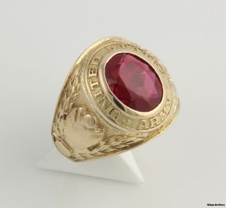 United States Army Class Style Ring 14k Yellow Gold Syn Red Spinel 15