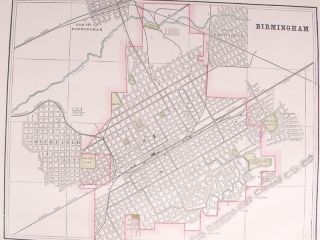 1895 Large Antique Map Birmingham Alabama City Streets
