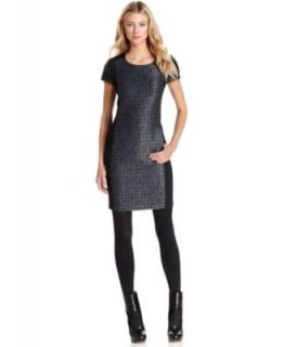 DKNYC Dress, Short Sleeve Faux Leather Metallic Tweed Sheath