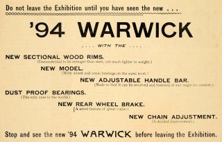 Ad Warwick Bicycle Brake Wheel Exhibition Rims   ORIGINAL ADVERTISING