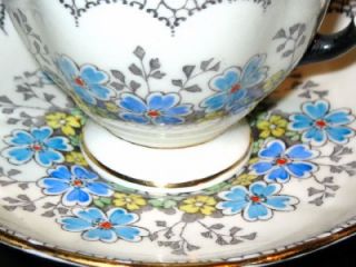 Tuscan Blue Blossom Painted Beaded Tea Cup and Saucer