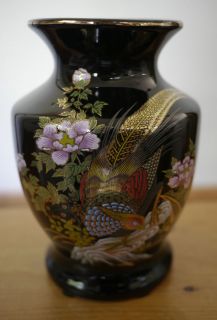 Vintage Japanese Chinese Asian Black Gold Pheasant Floral Porcelain