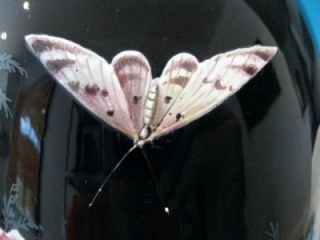 Antique Moser Black Glass Enamel Floral Butterfly Moth Vase c1880 33